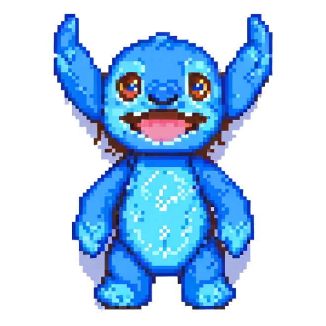 Stitch from Lilo & Stitch, pixel art style, waving, smiling, bright blue color sticker