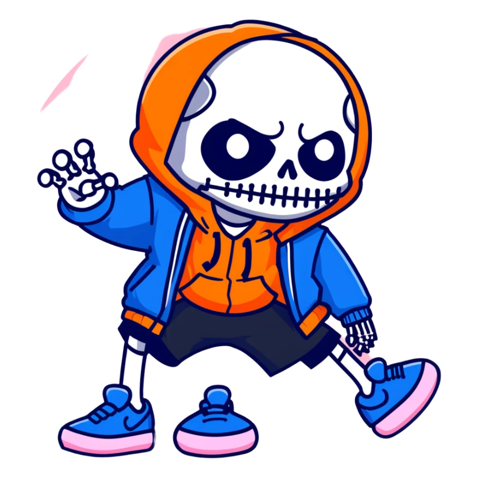 short skeleton with blue jacket, black basketball shorts, light pink slippers, blue glowing left eye sticker