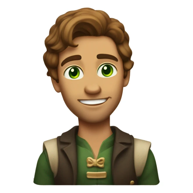 A light-skinned man with piercing green eyes, impeccably styled brown hair, and a confident demeanor is seated in front of the long white paper scroll. sticker