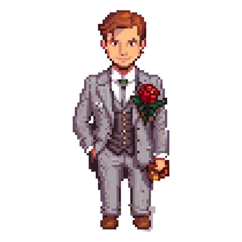 mafia guy with a rose in his lapel, smirking, pixel art style sticker