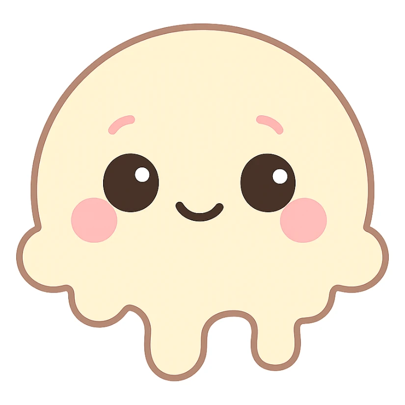 Kawaii style emoji with soft vanilla color, big shiny eyes, cute expression, transparent background. sticker
