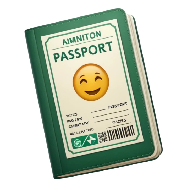 white passport with inserted airline tickets, dark green stamps and stripes, no emojis, emoji style sticker