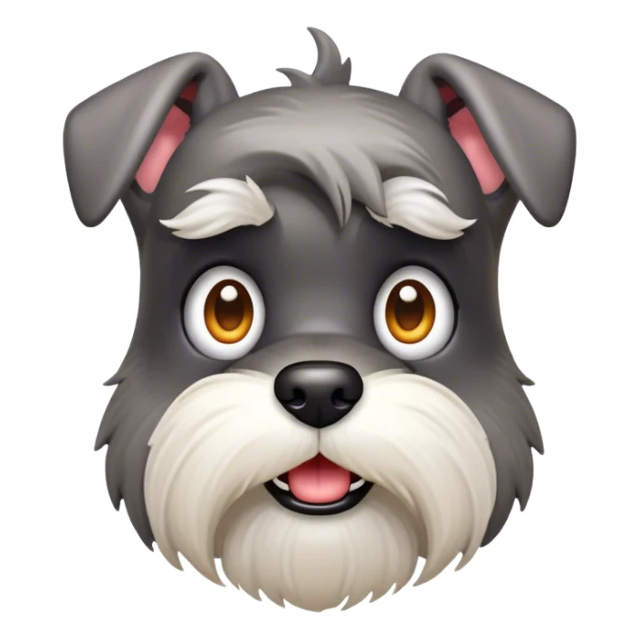 Cinematic Comical Miniature Schnauzer Portrait Emoji, Head tilted dramatically with a comically shocked expression and large, animated eyes, featuring a sharply defined salt-and-pepper fur with exaggerated, humorous eyebrows, simplified yet hilariously detailed, glowing with a bold, playful radiance, high shine, exuding a spirited and cheeky charm, styled with a soft glowing outline, capturing the essence of a Miniature Schnauzer that appears ready to dash into a burst of comic energy! sticker