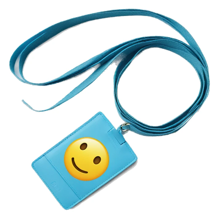 a light blue lanyard with card holder and a smiley face sticker