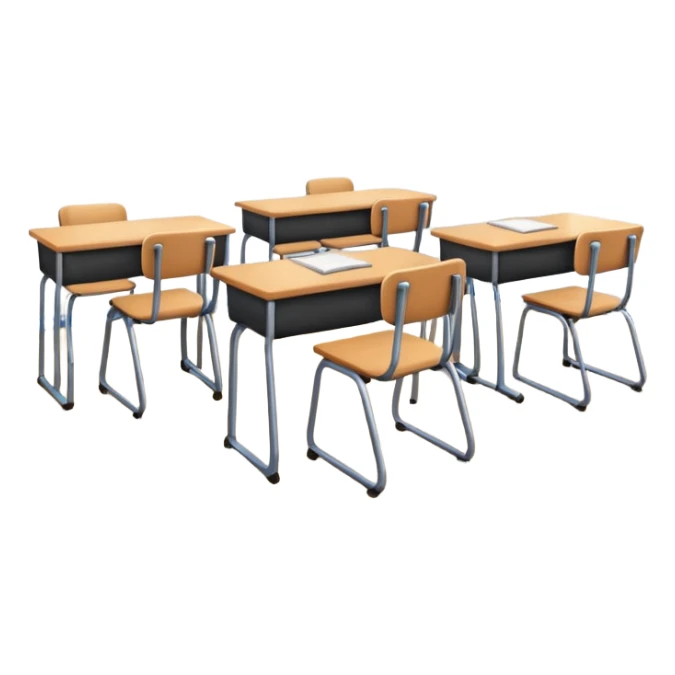 classroom interior with desks and chairs, blackboard, windows, bright and cheerful atmosphere sticker