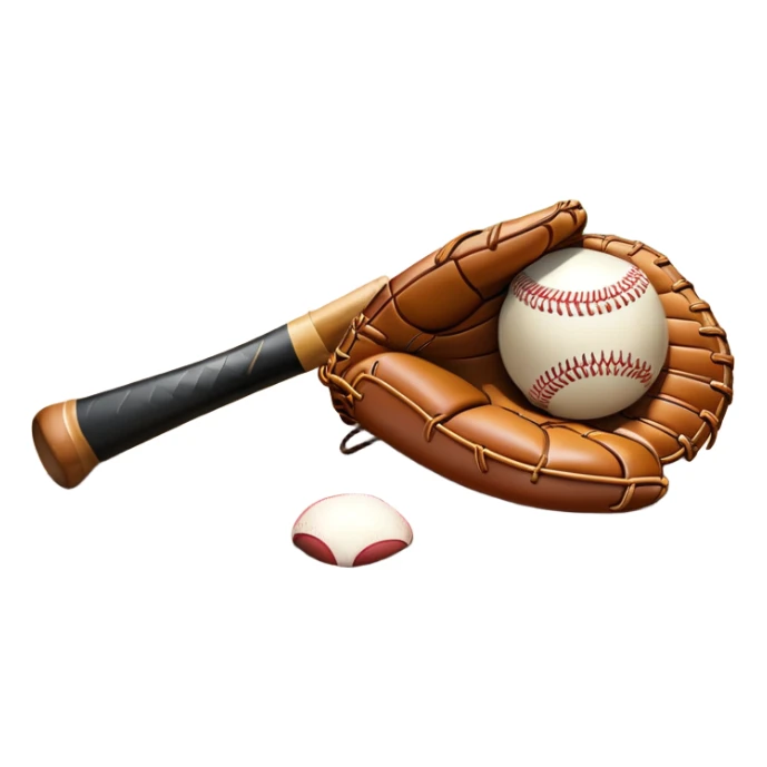 A baseball bat, ball, and glove resting on the ground, set against the backdrop of a baseball field. The scene captures the iconic equipment of the sport, with the field in the distance and a bright sky above, evoking the spirit of the game. sticker
