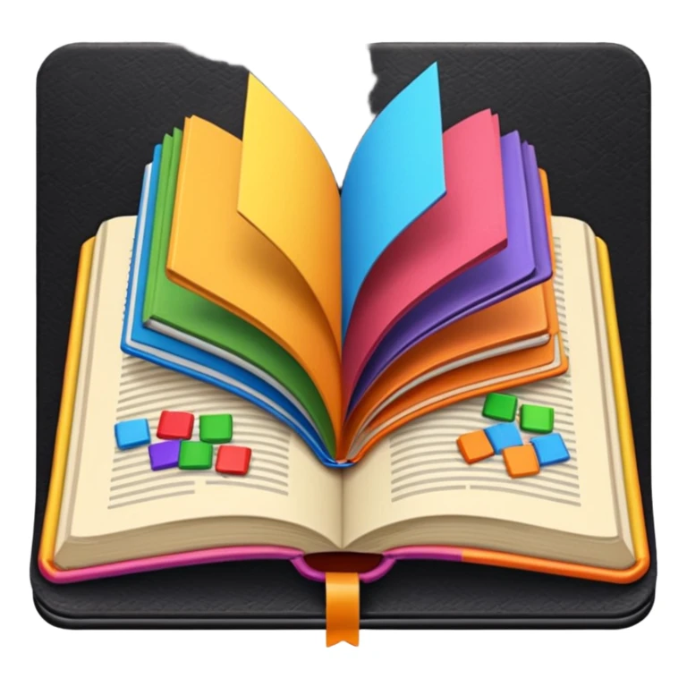 an open book with a dark cover and brightly colored tile samples sticker