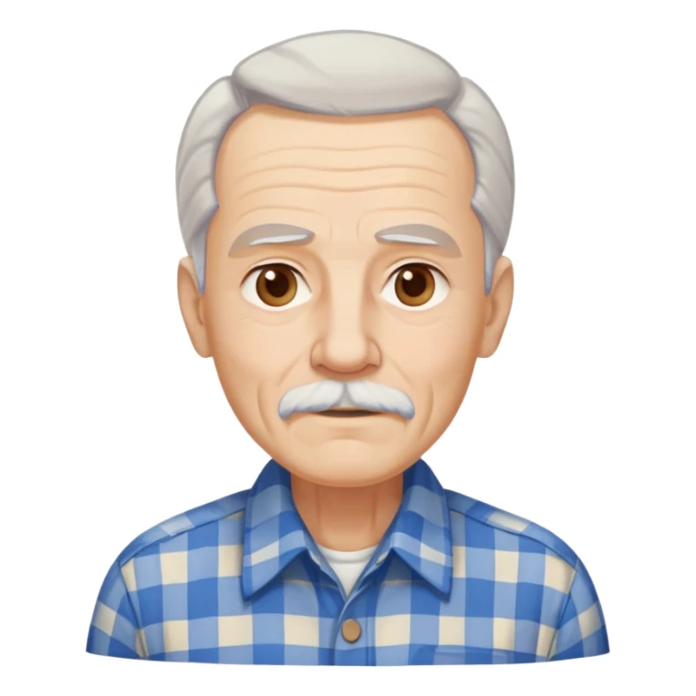 Elderly man with light skin. Elongated face with kind expression. Light brown eyes. Thin eyebrows. White goatee and white mustache. Gray-white hair combed back. Wearing a blue and beige checkered button-up shirt. sticker