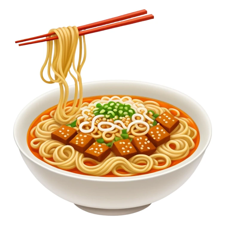 Wuhan hot dry noodles with sesame paste breakfast bowl, simplified emoji style with bold outlines and bright colors, cartoon style Hubei morning Re Gan Mian sticker