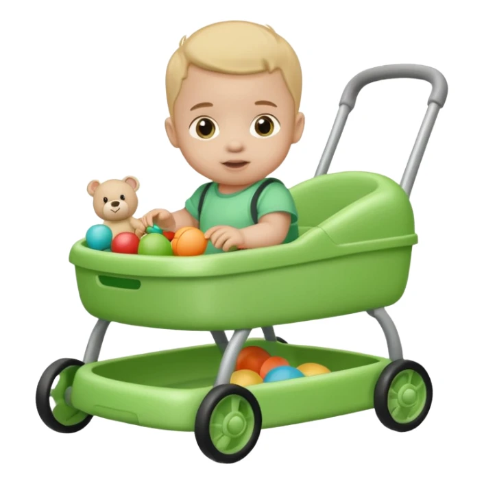 green baby walker with toys on it and on baby sticker