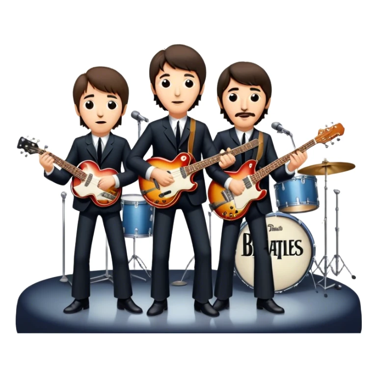 Rock music icon: The Beatles performing live on stage. John Lennon with guitar, Paul McCartney with bass, George Harrison with guitar, Ringo Starr on drums. Bright lights, energetic performance. Transparent background. sticker