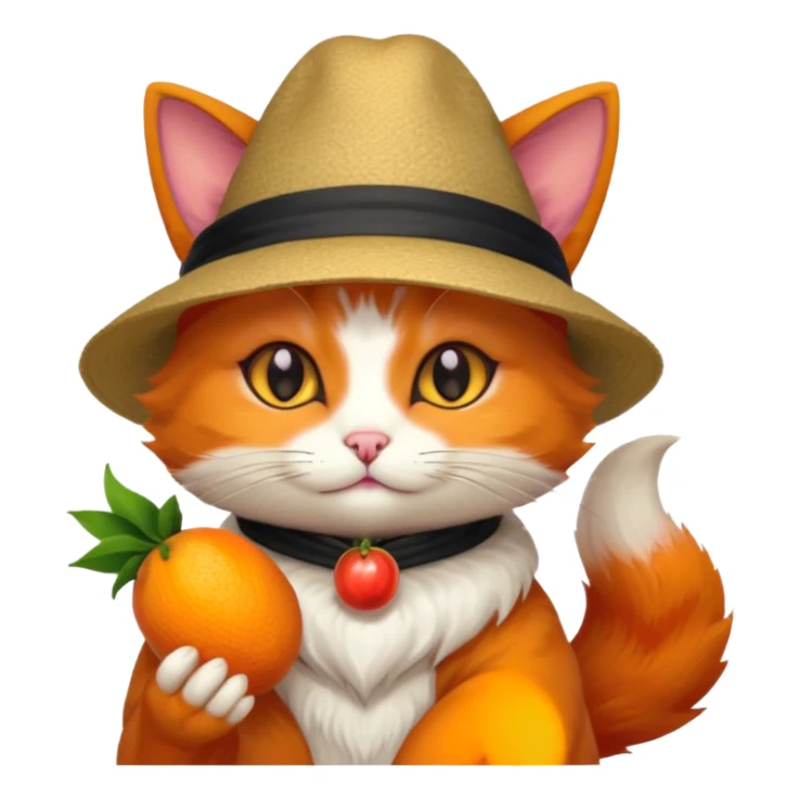 Cat wearing a hat and has a kitsune fruit in her hand sticker