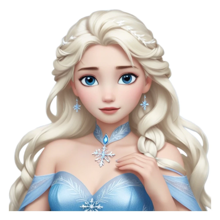 Cinematic Realistic Elsa Portrait, depicted with lifelike skin texture, soft natural lighting, and intricately detailed platinum blonde hair styled elegantly. Her striking, expressive blue eyes exude confidence and grace, complemented by a serene and regal expression. She holds a shimmering snowflake delicately in one hand, her other hand resting against her gown, embodying the power and beauty of winter. She is dressed in her signature icy attire, with shimmering fabric textures and delicate folds that catch the light beautifully. The portrait features a soft, enchanting glow with a cool, radiant finish, capturing the essence of timeless elegance in a realistic and painterly style. sticker