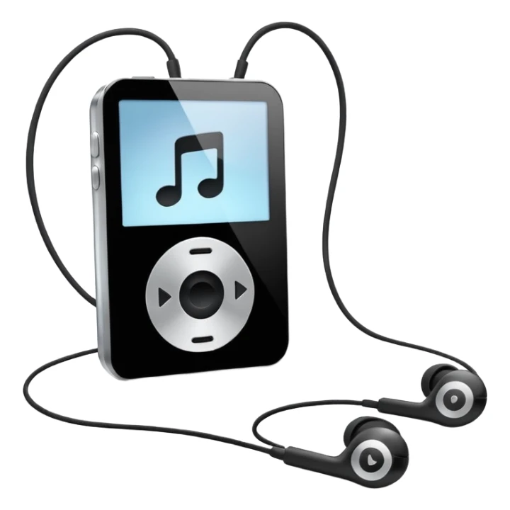 Futuristic iPod emoji with earphones, metallic black and white, smooth reflective surfaces, flat minimal vector design, clean UI style sticker