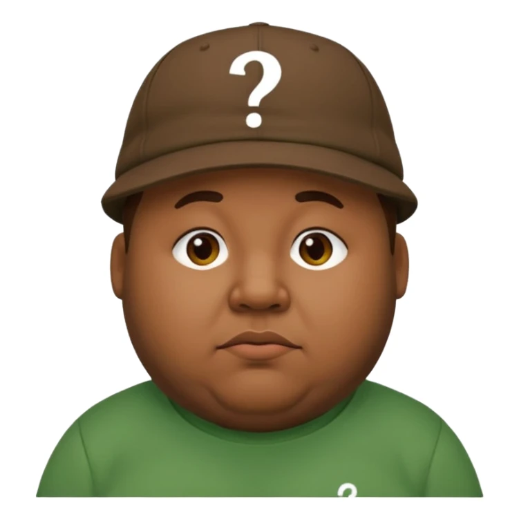 fat man with brown cap and green t shirt printeed a question mark sticker