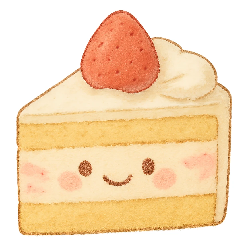 kawaii strawberry cake slice, soft pastel Japanese hand-drawn style, full object, transparent background, with a gentle smile sticker