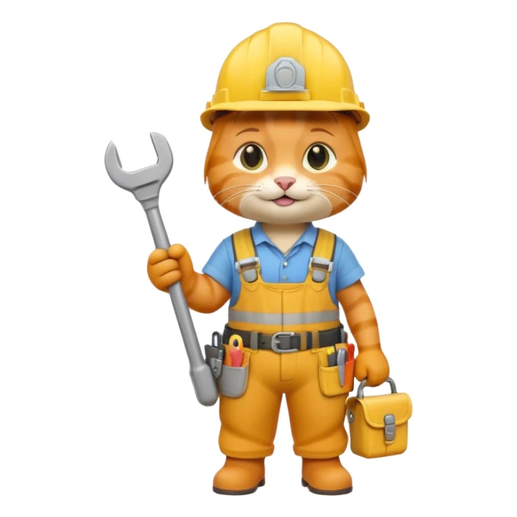orange tabby cat wearing yellow hard hat holding tiny wrench, standing upright with tool belt, 3D emoji style sticker