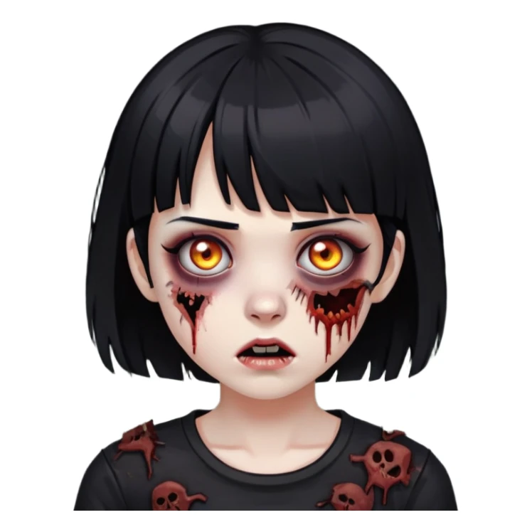 zoombie girl with black hair and short bangs wearing a destroyed black top  sticker