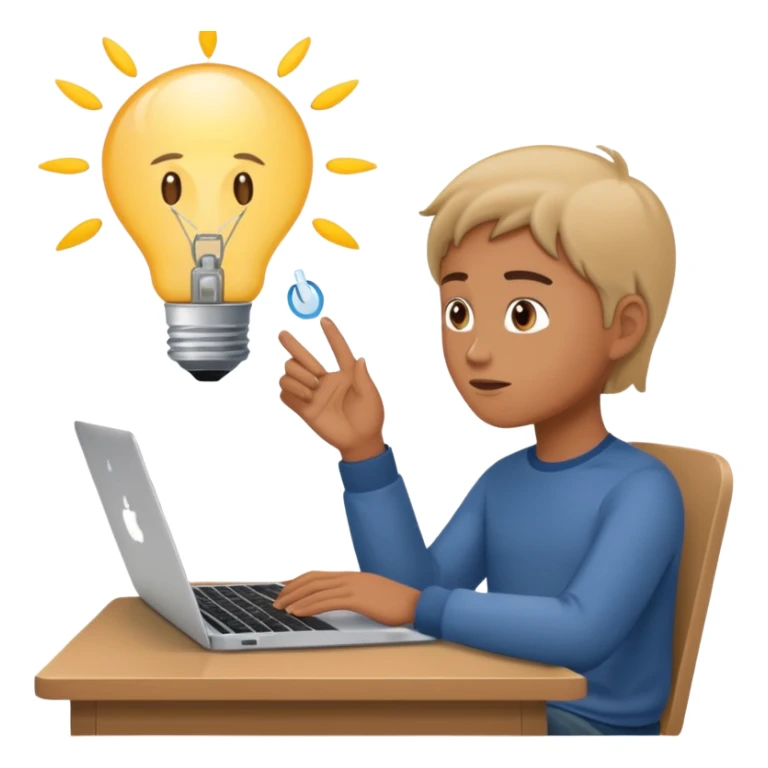 Like a cartoon working with a computer (macbook, showing the apple logo) thinking and a light bulb above his head while he thinks sticker