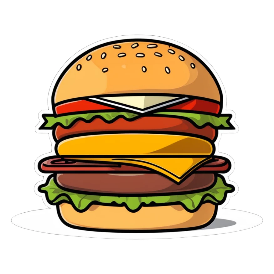 burger de chez Quick with soft bun, steak, cheese, sauce, cartoon sticker style sticker