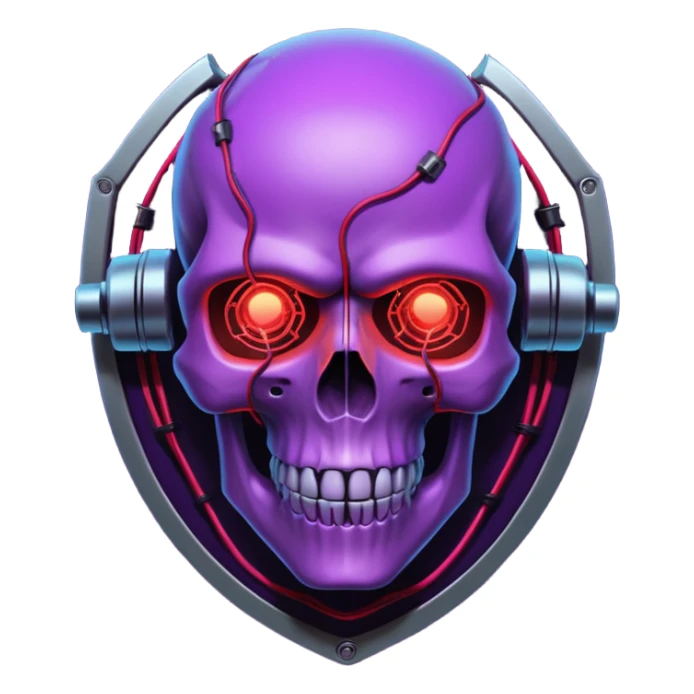 Cyberpunk shield, skull with cybernetic implants, glowing wires, dark purple and red tones, no background sticker