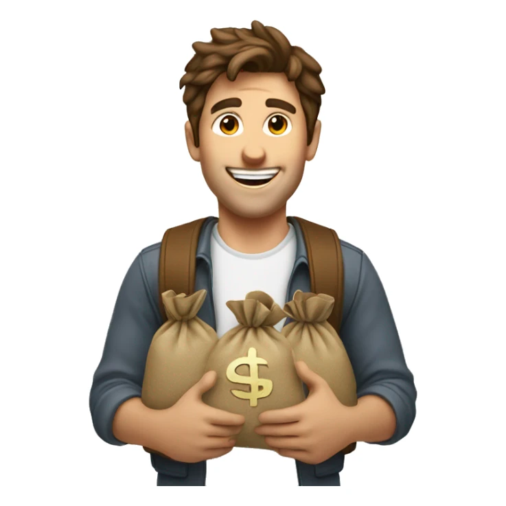a happy guy with brown hair showing 2 money bags  sticker