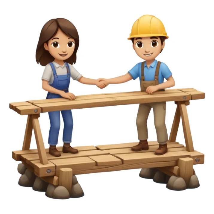 Two people working together on a small bridge, metaphor for building trust sticker