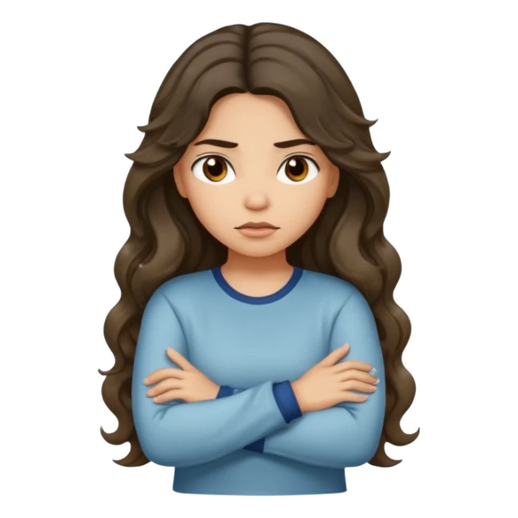 Hispanic light tan girl with long dark wavy hair with arms folded while pouting. Wearing a long sleeve. Hair with middle part. sticker