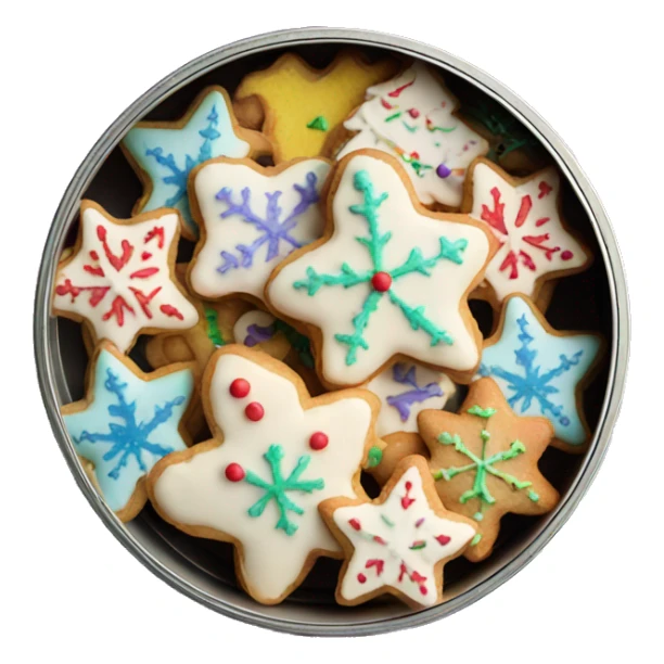 Frosted colorful christmas cookies in a round tin sticker