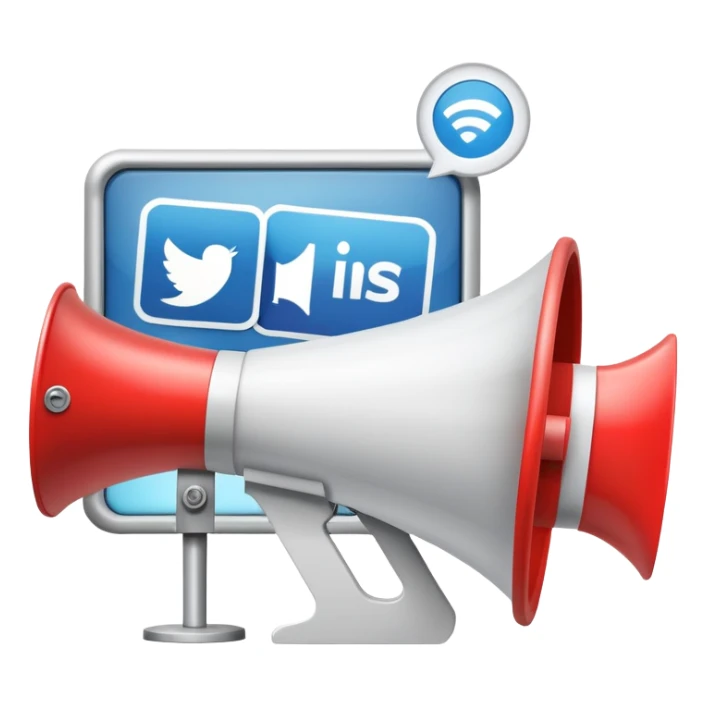 An icon featuring a megaphone, a billboard, and social media icons, symbolizing advertising and public relations. The design includes a press release and a rising graph, representing brand promotion and communication strategies. Transparent background highlights media influence and outreach. sticker