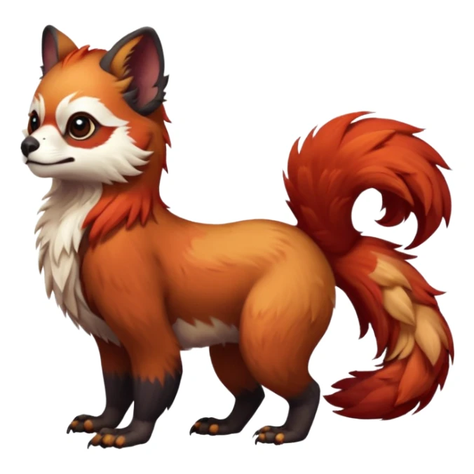 A beaked beaky 4-legged, feral, digitigrade, lanky, elegant, Gryphon-Griffin-Griff-Avian-hybrid, with Red-Panda-colors and markings, full body, cute, realism, with a long thin tufted tail, hyper-realistic  sticker