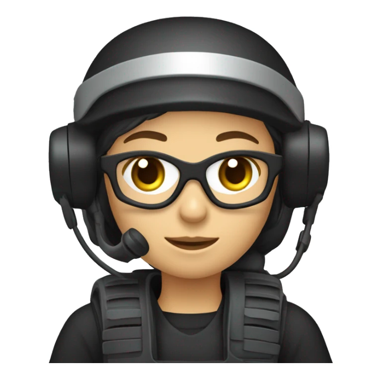 operator dressed in black with a milatary helmet, without glasses, wearing a headset, ready to respond to alerts, preferably female white sticker