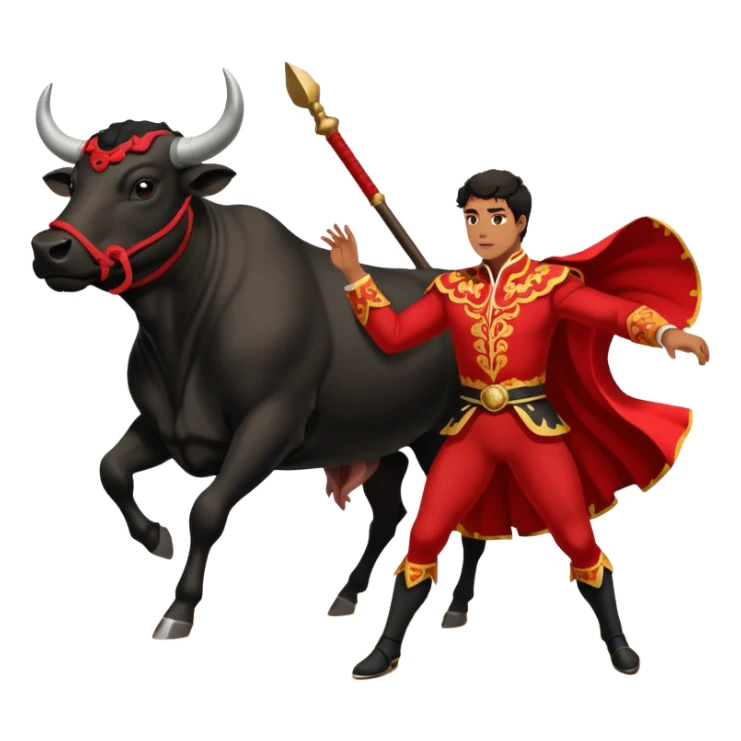 Create a realistic image of a traditional bullfighting scene in a Spanish arena.
Show a bullfighter (matador) HOLDING a red cape (muleta) not wearing one. as a powerful black bull charges toward it. sticker