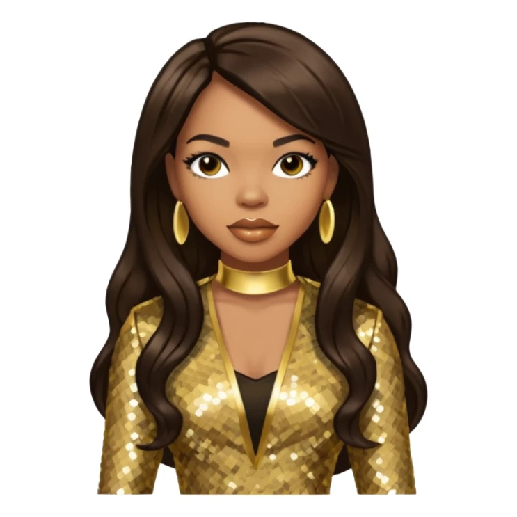 Tenitra Michelle Williams, R&B Singer from Destiny's Child with long dark brown hair, gold sequin outfit, medium dark skin sticker