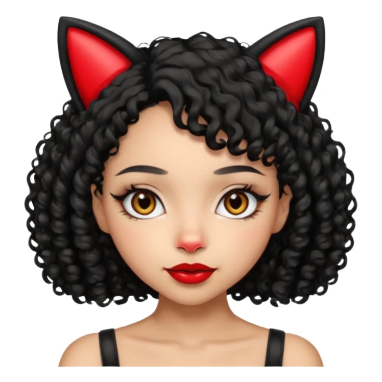 lightskin girl with black curly hair, cat ears, red lipstick sticker