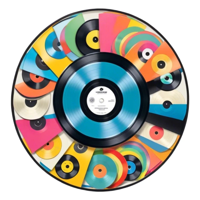Icon for Vinyl Record Collecting: colorful vinyl records in decorative packaging featuring artist images, neatly arranged on a wall or shelf. The icon should reflect the aesthetic and artistic aspect of collecting vinyl records. Transparent background. sticker