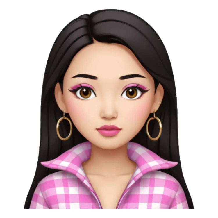 Asian Woman with dark hair, bold brows, winged eyeliner, full nude lips, hoop earrings, pink plaid outfit.  sticker