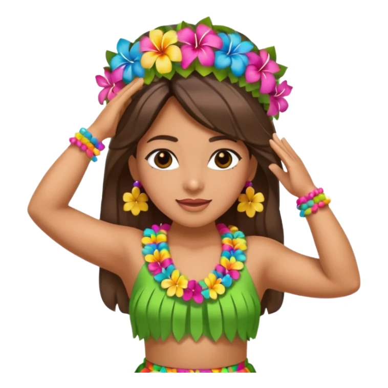 Hawaiian hula dancer with both hands above head, wearing a colorful lei and skirt, classic emoji style sticker