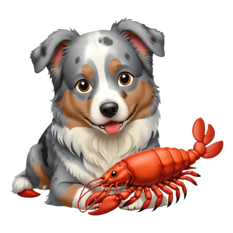 blue merle australian shepherd dog eating a lobster sticker