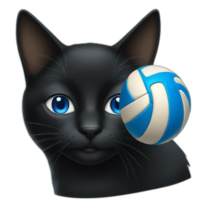 a black cat with blue eyes and a volleyball sticker