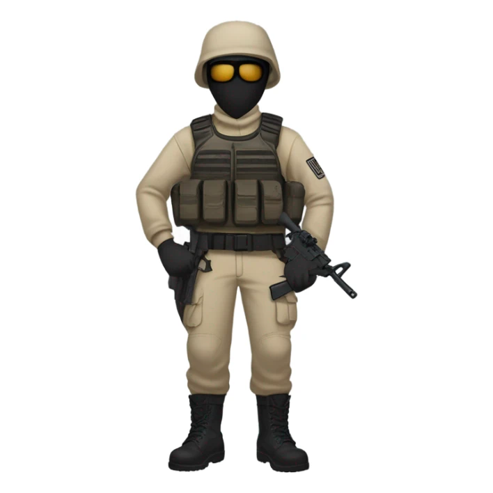 White male, call of duty mask, tan tactical gear, tan pants, combat boots, black beanie, blue eyes, no glasses sticker