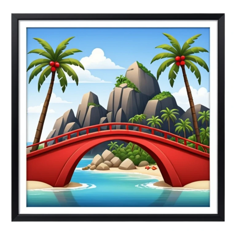  island with contemporary architecture, beaches with palm trees, and a red bridge on one side sticker
