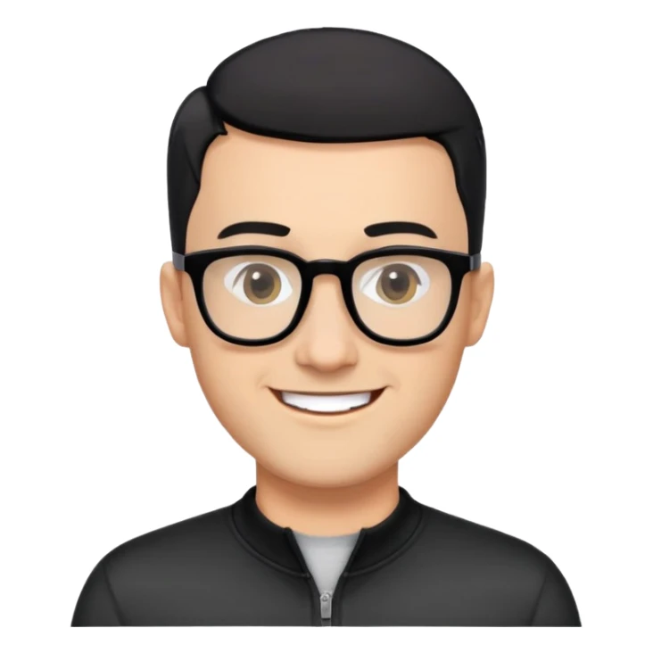 Light-skinned man with black hair in very short almost-buzz cut (minimal length but visible), short graying beard, big black glasses frames, happy smile, black long sleeve shirt with zip at neck sticker