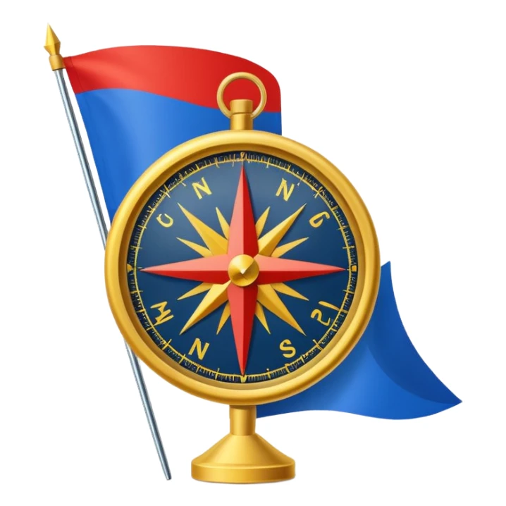 A minimal emoji of a compass pointing toward a planted flag. Flat design, confident colors, modern emoji style. Represents choosing direction and seeing it through to completion. Avoid corporate or motivational poster aesthetics. sticker