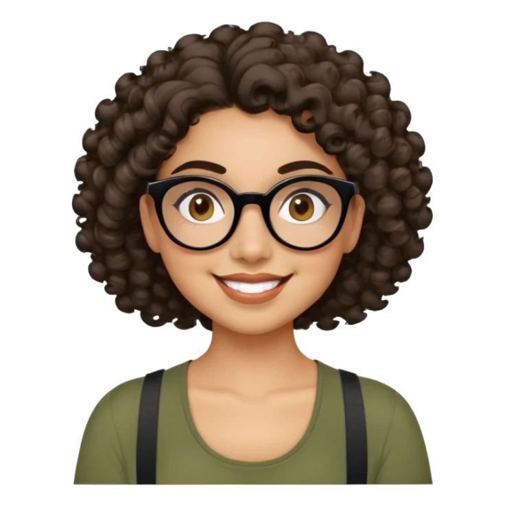 Young Latina with light brown skin. Cheerful round face. Brown eyes behind black glasses. Thick natural eyebrows. Curly hair reaching shoulders, voluminous with defined curls. Big smile showing dimples. Wearing olive green shirt with wide straps. sticker
