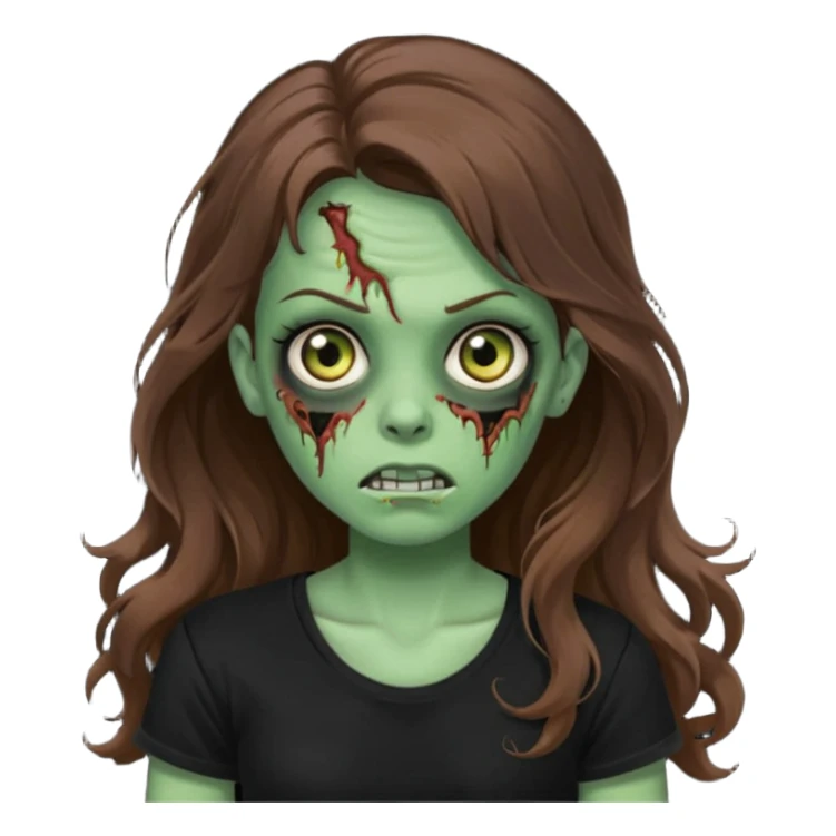 crie uma garotazoombie cabelo ondulado 2c longo castanho castanho comprido e blusa básica preta sem nada com pele esverdeada com rosto fofo  sticker