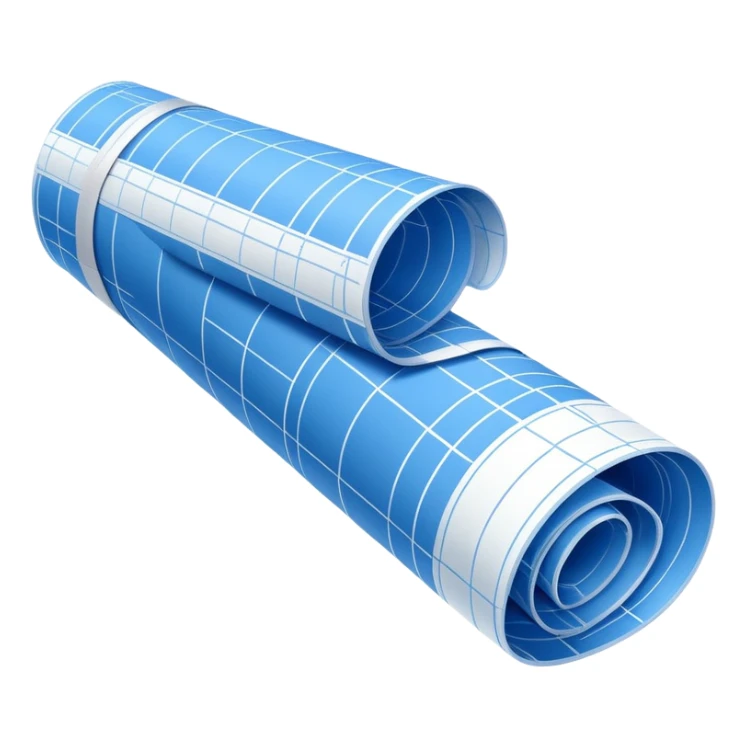 side perspective of a blue rolled-up blueprint plan with white lines sticker