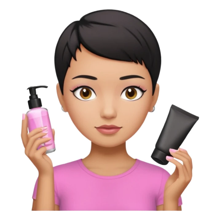 tan girl pink shirt with black hair & a pixie, doing her skin care sticker