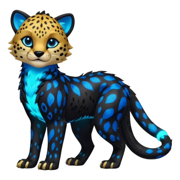 Realistic Obsidian-pitch-black fur body with neon-glowing-blue ring-markings Grem2-Gremz-Cheetah-Sergal-fusion, full body  sticker