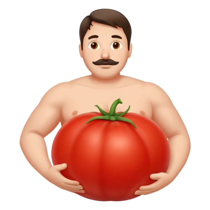 man with a large red tomato as his belly sticker